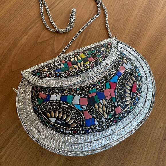 RAMLA L’Oriental Mosaic Bag - Multi-color Tile - Silver Chain Strap - Picture 1 of 9
